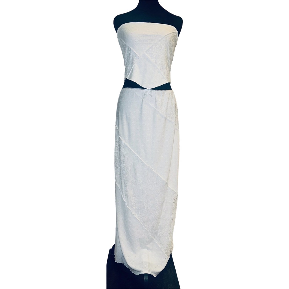 Gypsy & Jade Romantic White Boho  Lace Eyelet 2 Piece Maxi Skirt Tie Top Set L